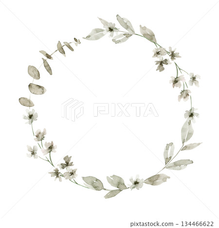 Minimalistic hand drawn wreath illustration with off white small flowers, light green leaves and buds and eucalyptus leaves. Ideal for invitation suite, stationary, gift box label, or branding. 134466622