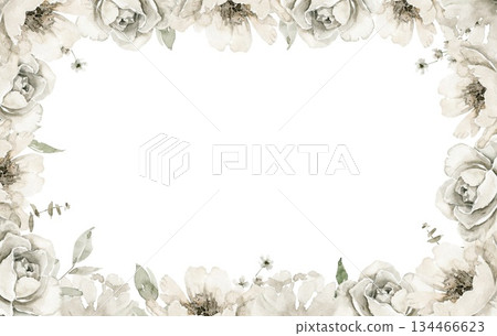 Horizontal watercolor floral frame with off white peonies, buds and green leaves. Useful for wedding invitation, menu or wedding template, packaging, funeral card design, greeting card branding. 134466623