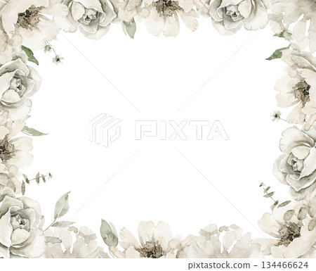 Square watercolor floral frame with off white peonies, buds and green leaves. Useful for wedding invitation, menu or wedding template, packaging, funeral card design, greeting card branding. Square watercolor floral frame with off white peonies, buds and green leaves. Useful for wedding invitation, menu or wedding template, packaging, funeral card design, greeting card branding. 134466624
