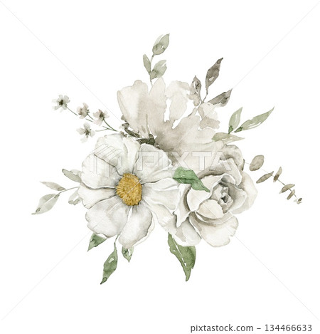 Loose watercolor bouquet with off white flowers, green leaves, and small pink sprigs. Ideal for wedding suite, spring celebration card, packaging accent, branding, or nature inspired stationery. 134466633