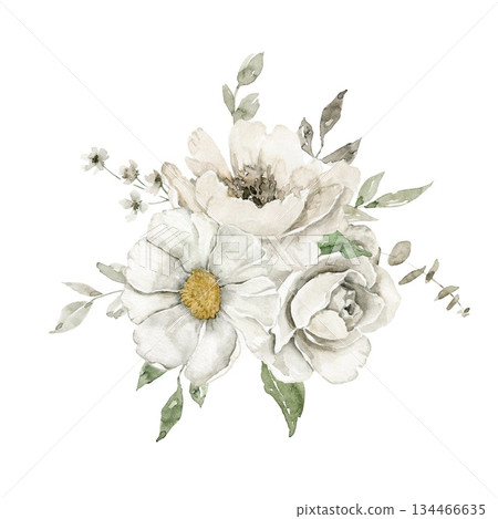 Loose watercolor composition of off white roses with green foliage and blush pink details, arranged horizontally. Suitable for wedding invitation, label, stationery, branding, or greeting card layout Loose watercolor composition of off white roses with green foliage and blush pink details, arranged horizontally. Suitable for wedding invitation, label, stationery, branding, or greeting card layout 134466635
