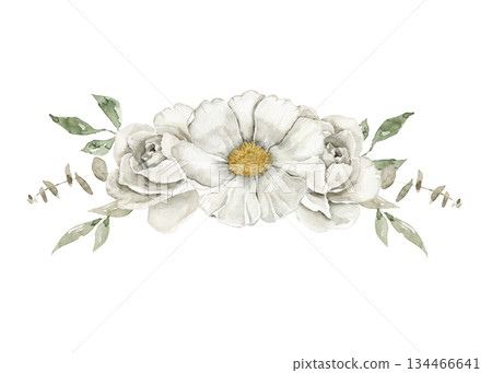 Loose watercolor bouquet with off white peonies, green leaves, and small pink details. Perfect for wedding label, greeting card, packaging decoration, spring event branding, or planner cover. 134466641