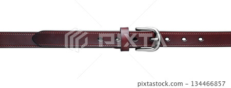 Burgundy Leather Belt with Silver Buckle on White Background Burgundy Leather Belt with Silver Buckle on White Background 134466857
