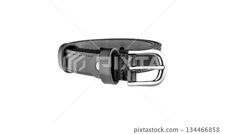 Close-Up of black Leather Belt with Metal Buckle Close-Up of black Leather Belt with Metal Buckle 134466858