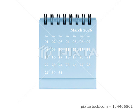 Desktop calendar for March 2026 in blue colour. Mini planner for business and finance, spiral view on isolated white background Desktop calendar for March 2026 in blue colour. Mini planner for business and finance, spiral view on isolated white background 134466861