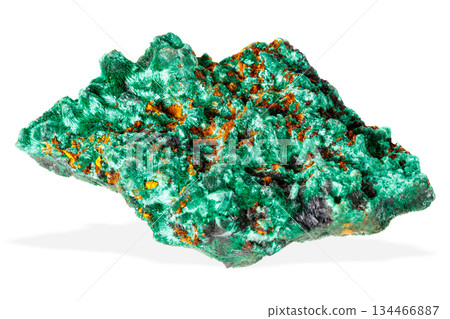 Green malachite crystal cluster showing rich mineral matrix patterns, raw geological specimen 134466887