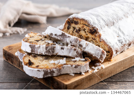Traditional Christmas Stollen with Raisins and Powdered Sugar 134467065