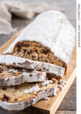 Traditional Christmas Stollen with Raisins and Powdered Sugar 134467066