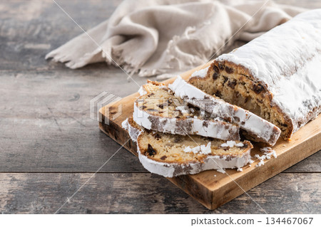 Traditional Christmas Stollen with Raisins and Powdered Sugar 134467067