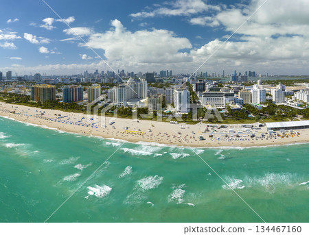 American southern seashore of Miami Beach city. Tourist infrastructure in Florida, USA. South Beach high luxurious hotels and apartment buildings 134467160