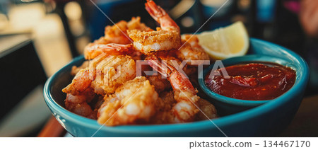 Enjoy crispy fried shrimp paired with zesty cocktail sauce, perfect for appetizers. Enjoy crispy fried shrimp paired with zesty cocktail sauce, perfect for appetizers. 134467170