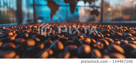 Coffee beans are layered with a world map showing connections and textures across the globe. Coffee beans are layered with a world map showing connections and textures across the globe. 134467206