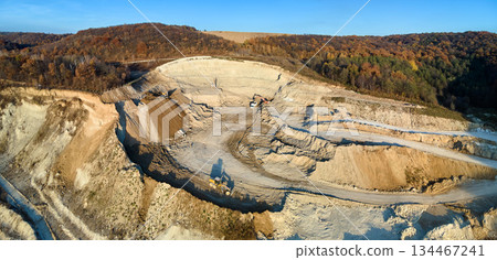 Aerial view of open pit mining site of limestone materials for construction industry with excavators and dump trucks 134467241