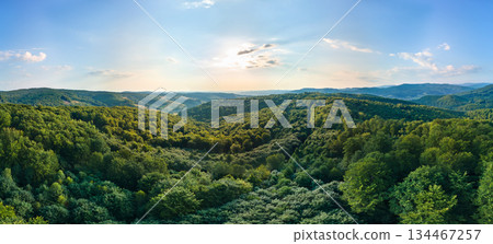 Aerial view of mountain hills covered with dense green lush woods on bright summer day. Aerial view of mountain hills covered with dense green lush woods on bright summer day. 134467257