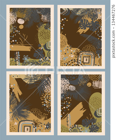 Set Beautiful abstract paintings with palm trees and palm leaves. Hand drawn. Not AI, vector illustration. 134467276