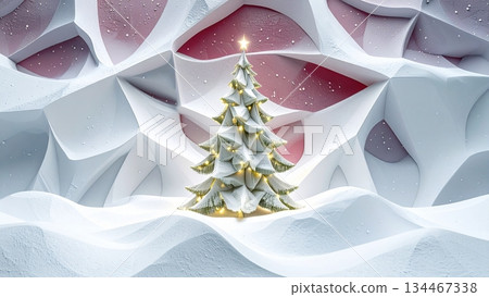 Winter background of a shining Christmas tree in a snowy landscape 134467338