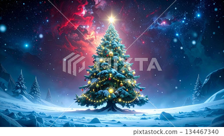 Winter background of a shining Christmas tree in a snowy landscape 134467340