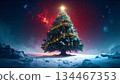 冬日雪景中，一棵閃閃發光的聖誕樹映襯著迷人的景色。 134467353