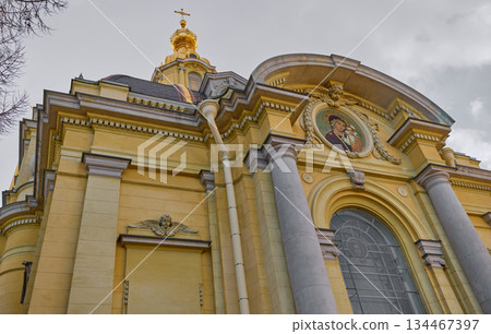 the Peter and Paul Fortress spire at sunset 134467397