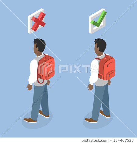 3D Isometric Flat Vector Illustration of Wearing Of Backpack, Impact Of Proper And Improper Backpack Usage On Student Spine And Posture 134467523