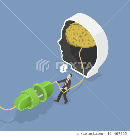 3D Isometric Flat Vector Illustration of Sabotage, Businessman Attempting Break Creativity By Unplugging Brain 3D Isometric Flat Vector Illustration of Sabotage, Businessman Attempting Break Creativity By Unplugging Brain 134467535