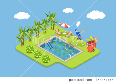 3D Isometric Flat Vector Illustration of Pool Cleaning, Proper Care For Your Pool 134467537