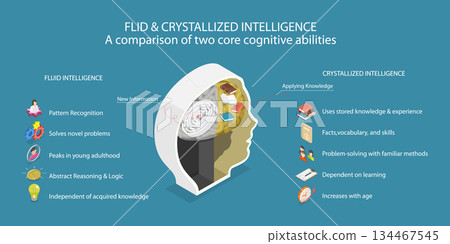 3D Isometric Flat Vector Illustration of Fluid VS Crystallized Intelligence, Diagram Illustrating Problem-Solving And Knowledge Use With Brain, Books, And Gears 134467545