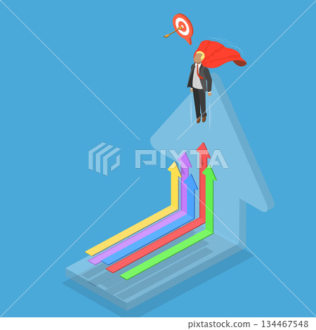 3D Isometric Flat Vector Illustration of Successful Businesman, Man Soaring To Success Through Business Arrows 134467548