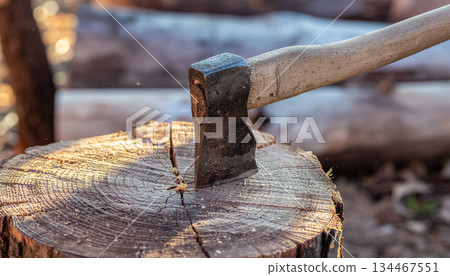斧頭砍向樹樁的瞬間 / 逼真的畫面展現了林業和砍柴的力量 134467551