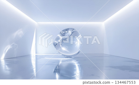 A transparent object floating in a minimalist white space / Abstract art material that creates a futuristic and tranquil atmosphere 134467553
