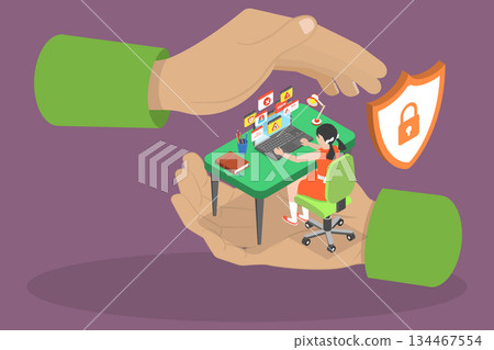 3D Isometric Flat Vector Illustration of Child Internet Safety, Control Children Internet Usage To Ensure Safety And Supervision 134467554
