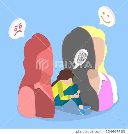 3D Isometric Flat Vector Illustration of Bipolar Disorder, Imposter Syndrome, Masks With Expressions 134467563