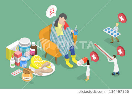 3D Isometric Flat Vector Illustration of Influenza, Young Girl With Quinsy Or Other Viral Cold Symptoms 3D Isometric Flat Vector Illustration of Influenza, Young Girl With Quinsy Or Other Viral Cold Symptoms 134467566