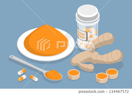 3D Isometric Flat Vector Illustration of Curcumin, Supplements And Turmeric Herb Powder Or Pills 3D Isometric Flat Vector Illustration of Curcumin, Supplements And Turmeric Herb Powder Or Pills 134467572