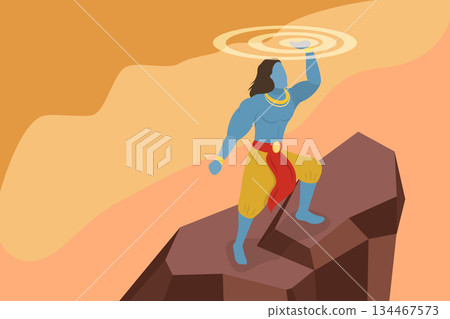 3D Isometric Flat Vector Illustration of Vishnu, Hindu God Lord Krishna Holding Sudarshan Chakra In Indian Mythology 134467573