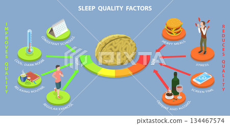 3D Isometric Flat Vector Illustration of Health Sleeping, Key Factors For Quality Sleep, Boosting And Reducing Habits Through Brain Guidance 134467574