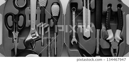 Electric Repairing Tools Arranged In Special Plastic Box. Monochrome Stock Photo For Tools And Electrician Equipment Illustration 134467947