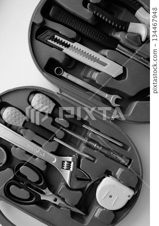 Black and white image of opened plastic toolbox with electrical equipment on white vertical stock photo 134467948
