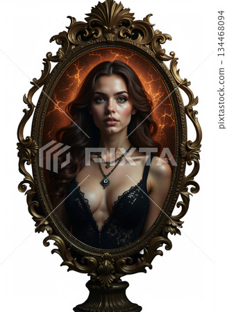 A woman with long brown hair and bright eyes, wearing a black lace top and necklace, is encased in an ornate oval gold frame 134468094