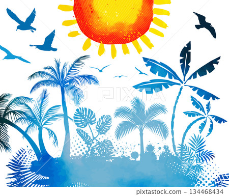 Abstraction of blue palm trees and sun in watercolor. Hand drawn. Not AI, vector illustration. 134468434