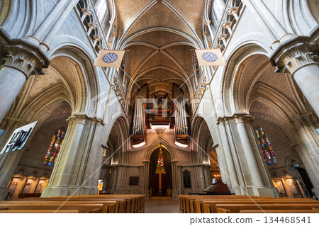 The Gothic interior of Lausanne Cathedral, Lausanne, canton of Vaud, Switzerland 134468541