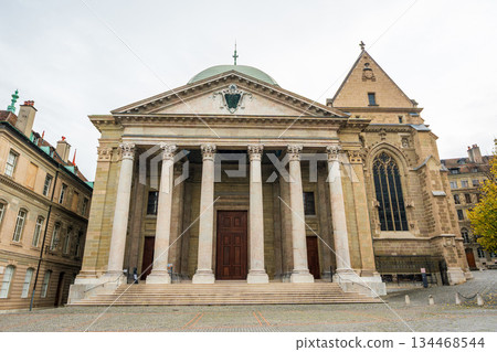 Neoclassical facade of Saint-Pierre Cathedral, Geneva, Canton of Geneva, Switzerland Neoclassical facade of Saint-Pierre Cathedral, Geneva, Canton of Geneva, Switzerland 134468544