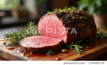 The image shows a medium rare beef tenderloin garnished with rosemary 134468576