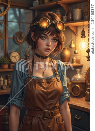 The image shows a steampunk woman in a workshop or similar space 134468577