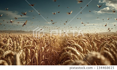Locusts swarm is flying over wheat field during hot summer day 134468615