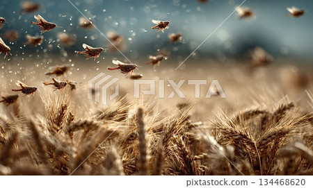 Swarm of locusts flying over wheat field, threat to agriculture 134468620