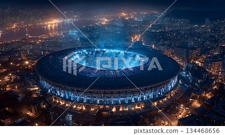 Breathtaking night view of krestovsky stadium illuminating saint petersburg skyline 134468656