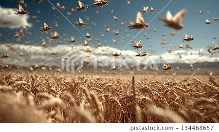 Swarm of locusts flying over wheat field, agricultural pest infestation 134468657
