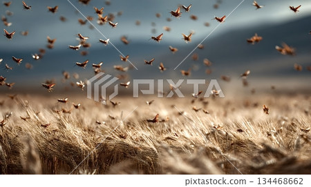 Swarm of locusts flying over wheat field 134468662