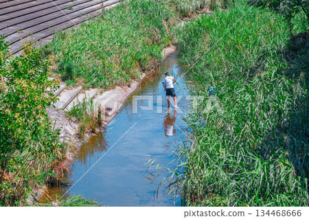 A boy playing in the river in the sunshine during a fun summer vacation 134468666
